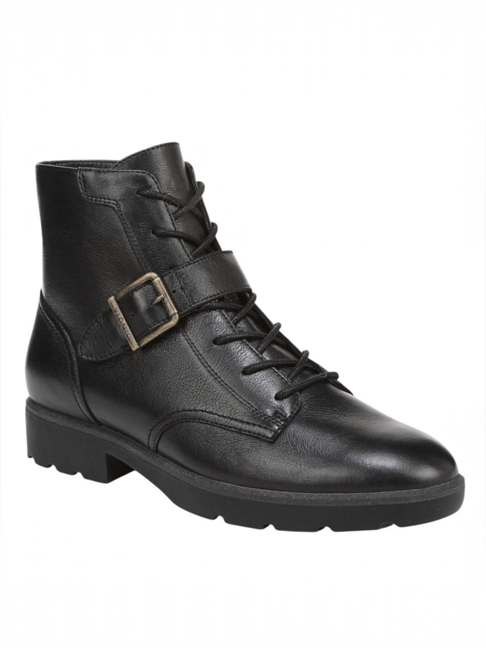 Vionic Womens Catina Black Leather Lace Up Zipper Combat Moto Ankle Boot Size 9